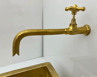 Unlacquered Brass Wall Mount Faucet Single Cross Handle Faucet Cold Water Tap One Hole Bathroom Faucet Lavatory Cold Water Vintage long Tap