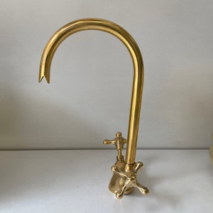 Bathroom Faucet, Brass Kitchen Faucet, Gooseneck Bathroom Vanity Solid Brass Faucet, Unlacquered Brass Faucet with Simple Cross Handles image 4