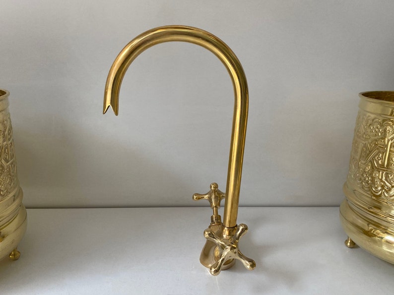 Bathroom Faucet, Brass Kitchen Faucet, Gooseneck Bathroom Vanity Solid Brass Faucet, Unlacquered Brass Faucet with Simple Cross Handles image 4