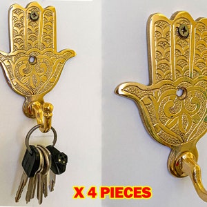 Key Holder , 4 Pieces Hamsa Hook, Unlacquered Brass Coat Hat Hook , Vintage Style Brass