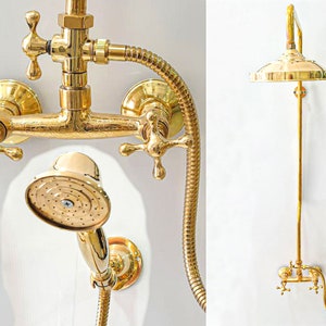 Brass Exposed  Pipe Wall Mount Shower With Rainfall  Shower Head , Solid Brass Shower System With Hand Shower , rain shower and handheld