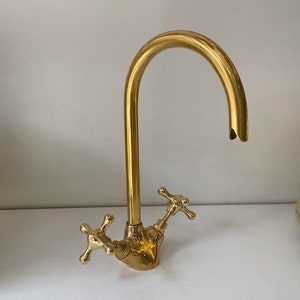 Bathroom Faucet, Brass Kitchen Faucet, Gooseneck Bathroom Vanity Solid Brass Faucet, Unlacquered Brass Faucet with Simple Cross Handles image 2