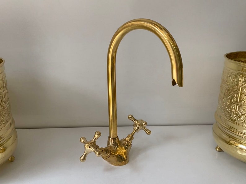 Bathroom Faucet, Brass Kitchen Faucet, Gooseneck Bathroom Vanity Solid Brass Faucet, Unlacquered Brass Faucet with Simple Cross Handles image 2