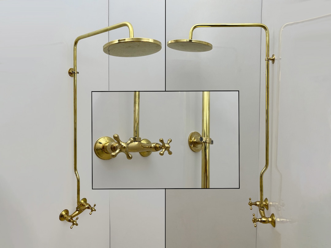 Antique Brass Exposed Pipe Shower System, Brass Shower Faucet Sets