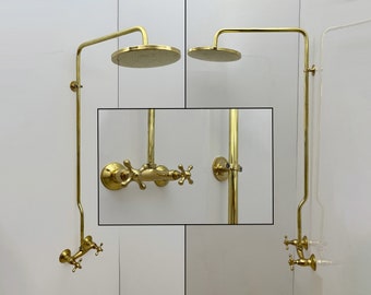 Sistema de ducha de tubería expuesta de latón antiguo, juegos de grifos de ducha de latón Cabezal de ducha tipo lluvia redondeado Juego de grifos de ducha al aire libre Grifo de ducha tipo lluvia