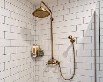 Antikes Duschsystem aus Bronze – Außendusche mit 20 cm Regenduschkopf und Handbrause, freistehende Dusche aus massivem Messing | Für den Innen- und Außenbereich