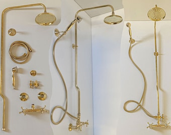 Shower System With Rain Shower And Handheld, Brass Bathroom Shower System, Antique Styled Rain Mixer Shower Combo Set Wall Mounted Brass