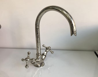 Chrome Kitchen Sink Faucet Silver Finish Handmade Chrome Faucet Double Handle Centerset Hot Cold Water Tap Vintage Sink Faucet nickel finish