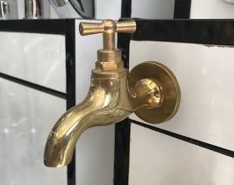 Small Wall Faucet Spigot Water Tap,Antique Unlacquered Solid Brass Tap,Handcrafted Garden single handle cold water faucet , outdoor faucet