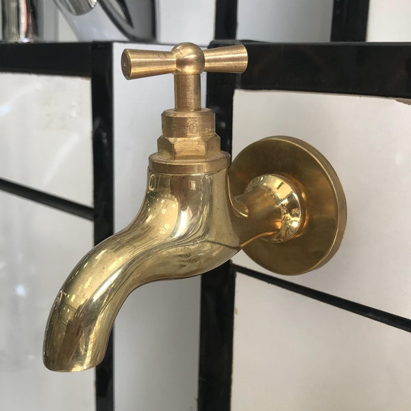 Small Wall Faucet Spigot Water Tap,Antique Unlacquered Solid Brass Tap,Handcrafted Garden single handle cold water faucet , outdoor faucet