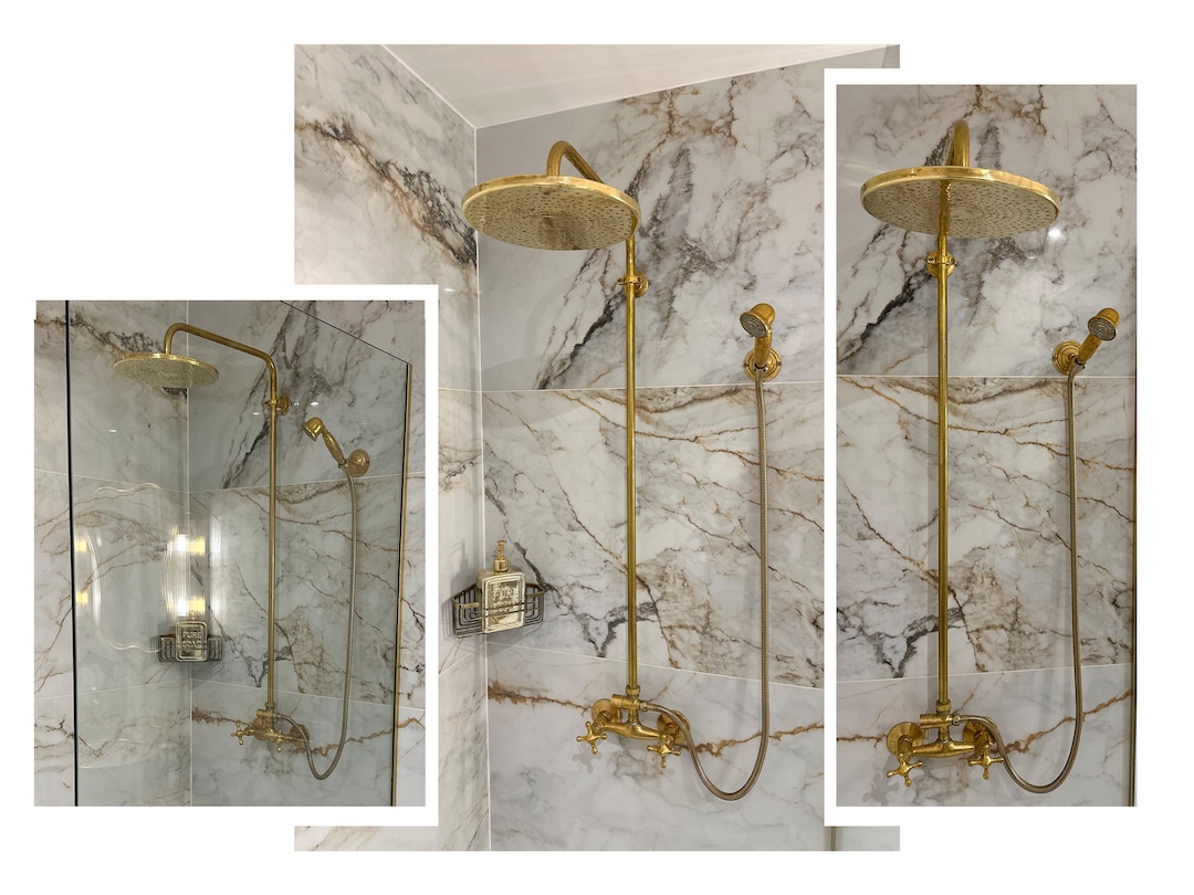Antique Brass Exposed Pipe Shower System, Unlacquered Brass Shower