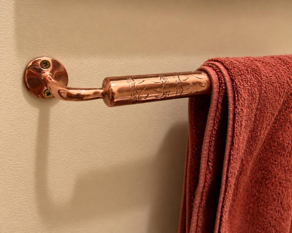 Copper Towel Bar - Engraved Moroccan Bathroom Towel Rack | Handcrafted Wall Mounted Towel Holder, Rustic Kitchen Towel Rail, Boho Decor