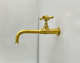 Brass Wall Faucet Wall Mount Brass Faucet Single Handle Faucet Cold Water Tap Farmhouse Bathroom Faucet Lavatory Cold Water Vintage long Tap