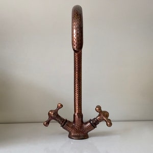 Copper Finish Gooseneck Kitchen Faucet , Handcrafted Vintage Sink Faucet, Powder Room Farmhouse Bathroom Vessel Sink Hot Cold water tap
