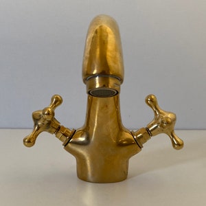 Unlacquered Brass Bathroom Faucet , Farmhouse Bathroom Sink Faucet , Handcrafted Solid Brass Bath Faucet , Antique Styled Vessel Sink Faucet