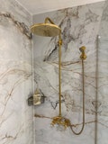 Antique Brass Exposed Pipe Shower System, Unlacquered Brass Shower System with Brass Handheld Shower Outdoor Shower Faucet Set Double Handle product logo