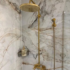 Antique Brass Exposed Pipe Shower System, Unlacquered Brass Shower System with Brass Handheld Shower Outdoor Shower Faucet Set Double Handle