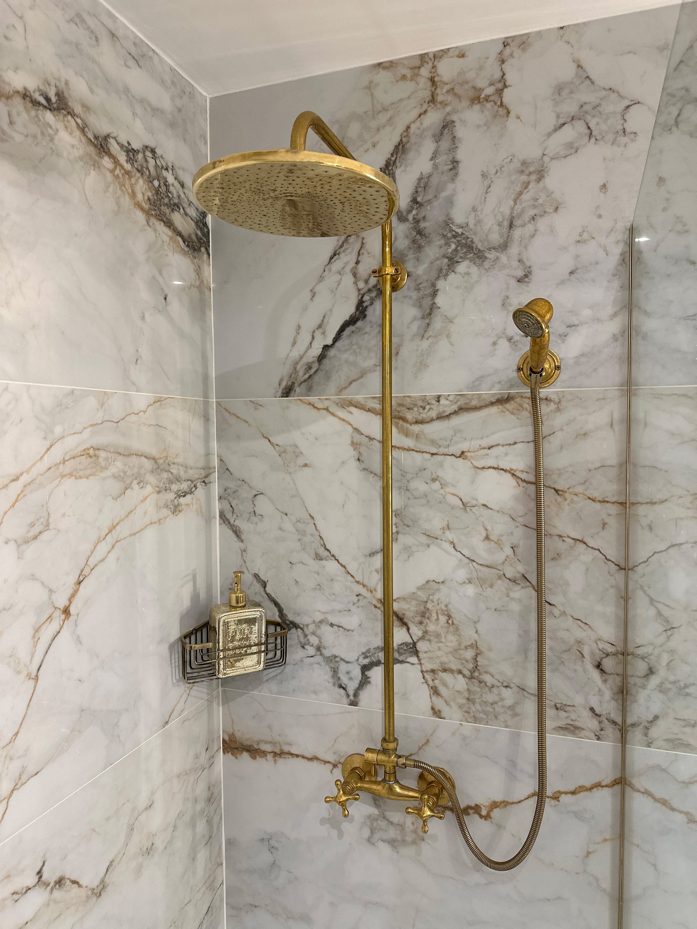 Antique Brass Exposed Pipe Shower System, Unlacquered Brass Shower System with Brass Handheld Shower Outdoor Shower Faucet Set Double Handle