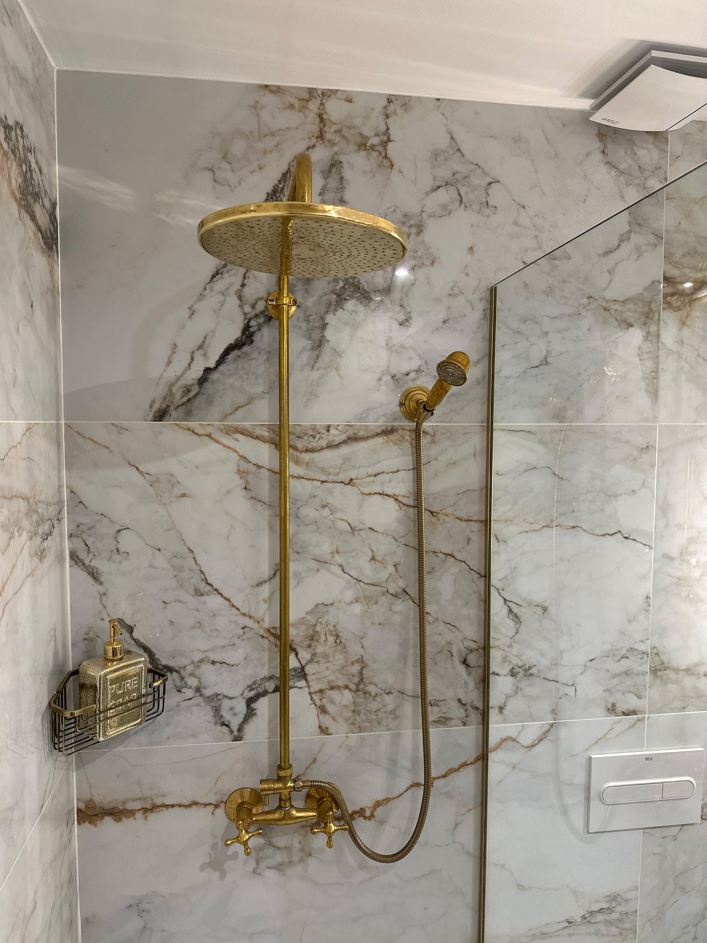 Antique Brass Exposed Pipe Shower System, Unlacquered Brass Shower ...
