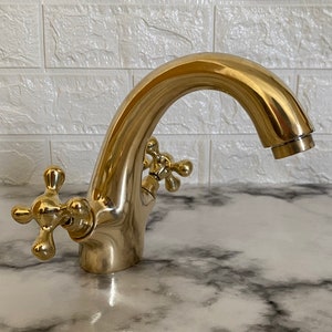 Brass Bathroom Sink Faucet, Unlacquered Brass Faucet with Simple Cross Handles, Hot Cold Water tap, Vessel Sink Faucet, Outdoor Sink Faucet