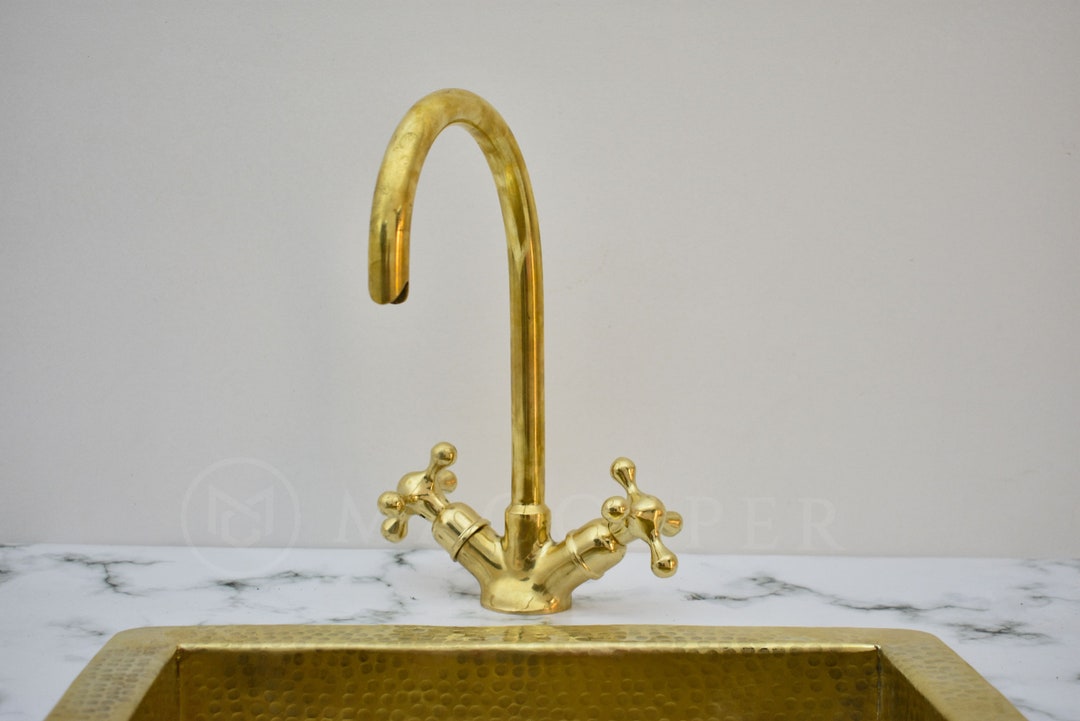 Unlacquered Brass Top Mount Gooseneck Kitchen Faucet Double Handle