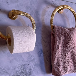 Brass Towel Ring and Toilet Roll Holder, Unlacquered brass Towel Holder,Brass Toilet Paper Holder,Handcrafted Engraved Brass Wall Accessories