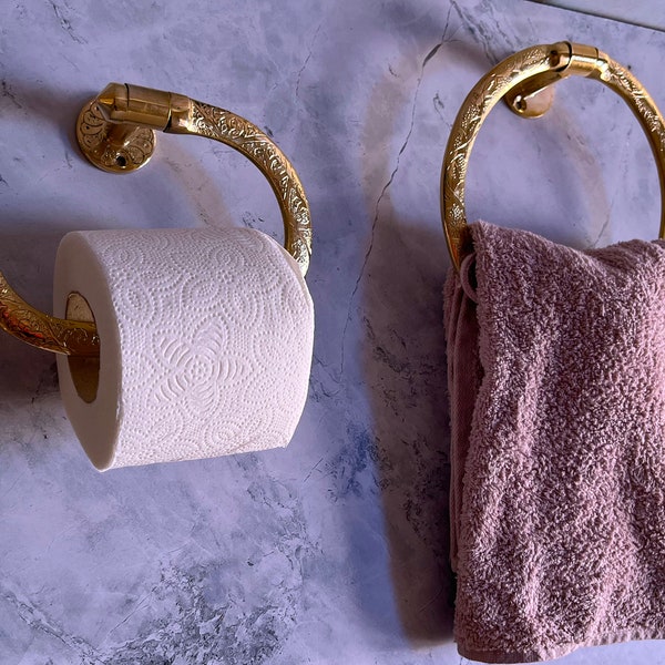 Brass Towel Ring and Toilet Roll Holder, Unlacquered brass Towel Holder,Brass Toilet Paper Holder,Handcrafted Engraved Brass Wall Accessories