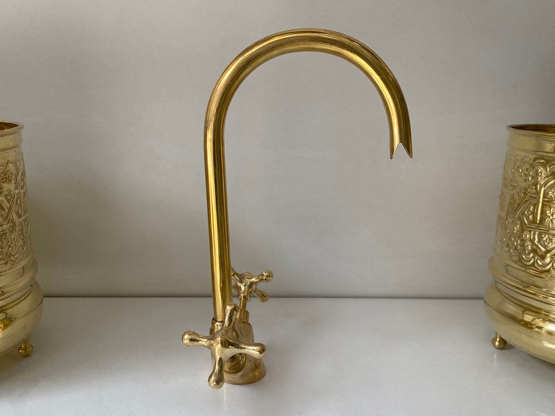 Bathroom Faucet, Brass Kitchen Faucet, Gooseneck Bathroom Vanity Solid Brass Faucet, Unlacquered Brass Faucet with Simple Cross Handles image 5
