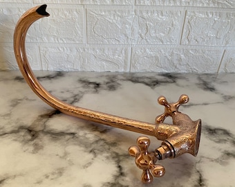 Bathroom and Kitchen Copper Faucet, Gooseneck Faucet, Copper Finish Faucet, Kitchen Faucet With Vintage Cross Handles Hot Cold water