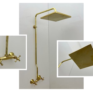 Brass Shower Faucet Sets, Antique Brass Exposed Pipe Shower System Square Rainfall Shower Head Outdoor Shower Faucet Set Double Cross Handle