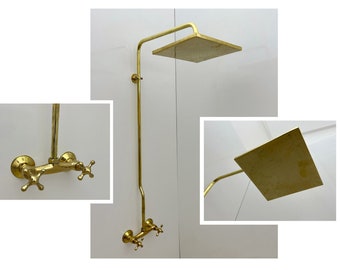 Juegos de grifos de ducha de latón, sistema de ducha de tubo expuesto de latón antiguo cabezal de ducha de lluvia cuadrado juego de grifo de ducha al aire libre manija cruzada doble
