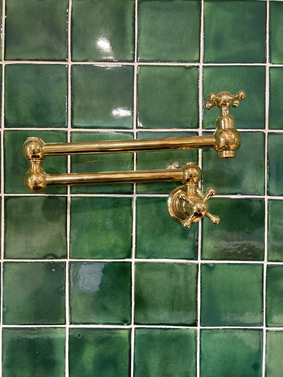 Copper Pot Filler Faucet – Wall-Mount Double-Joint Swing Arm, Brass Construction, Rose Gold Finish, 2-Handle Cold Water Kitchen Faucet
