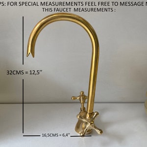 Bathroom Faucet, Brass Kitchen Faucet, Gooseneck Bathroom Vanity Solid Brass Faucet, Unlacquered Brass Faucet with Simple Cross Handles image 6