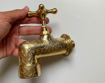 Engraved Wall Faucet For Bathroom , Unlacquered Brass Outdoor Wall Water Tap Handmade , Farmhouse Bathroom Faucet Wall, Garden Water Spigot