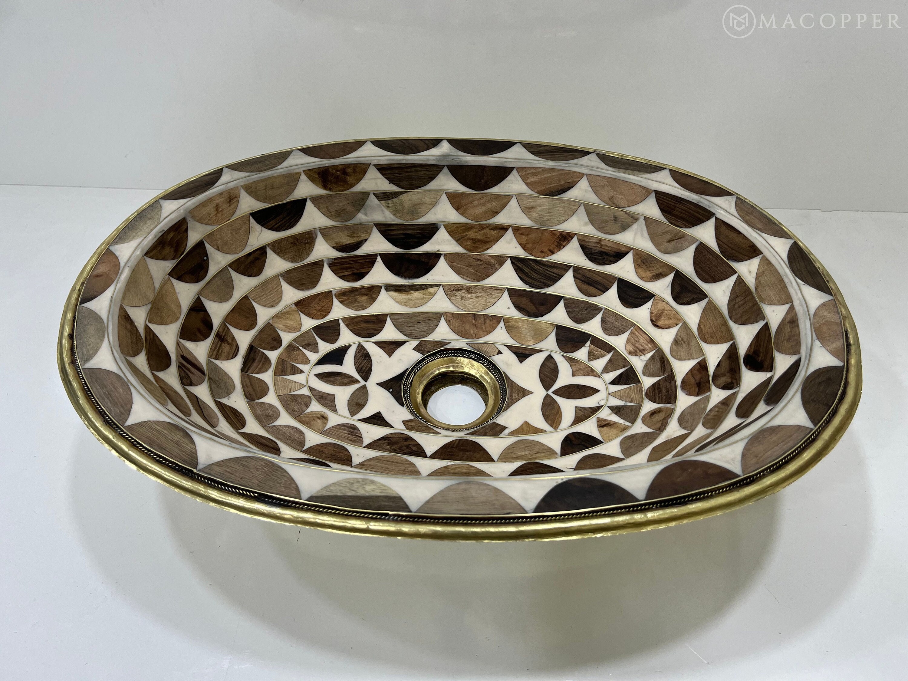 Handcrafted Oval Brass and Wood Bathroom Sink Drop-In Farmhouse Bathroom Sink Basin Undermount Brass Powder Room Sink Vanity Vessel Sink