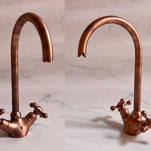 Gooseneck Bathroom and Kitchen Vanity Faucet with a Matte Dark Copper, Copper Finish Sink Faucet with traditional Handles Hot Cold Water Tap