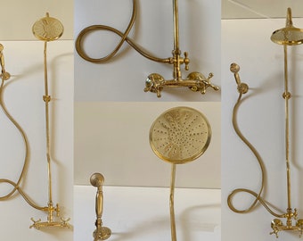 Unlacquered Brass Exposed Shower Combo System, Rain Shower Head and Hand Shower,Handheld And Round Shower Head, Gold Fixture