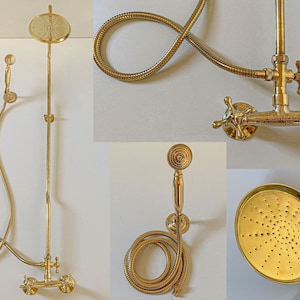 Unlacquered Brass Bathroom Luxury Rain Mixer Shower Combo Set, Wall Mounted Rainfall Shower Head System And Handheld,Shower Faucet Handmade