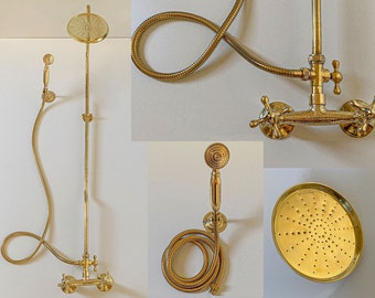 Unlacquered Brass Bathroom Luxury Rain Mixer Shower Combo Set, Wall Mounted Rainfall Shower Head System And Handheld,Shower Faucet Handmade