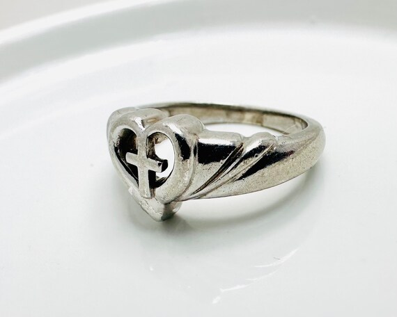 Vintage Sterling Silver Cross Inside A Heart Ring Unsigned Etsy