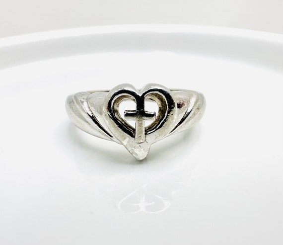 Vintage Sterling Silver Cross Inside A Heart Ring Unsigned Etsy