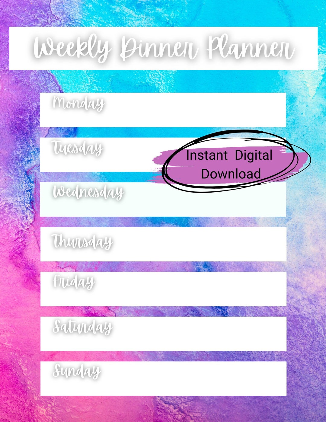 Printable Weekly Dinner Template With Watercolor Pink Purple and Blue ...