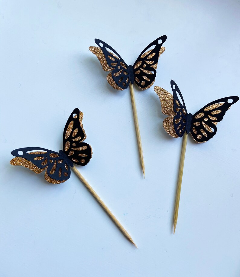 3D Black and Rose Gold Butterfly Cupcake Toppers Birthday Cake Toppers