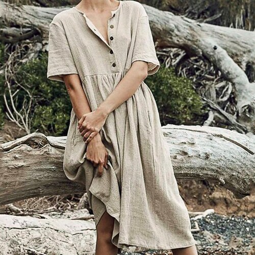 Loose Linen Dress Casual Linen Dress Dress With Bottons Etsy
