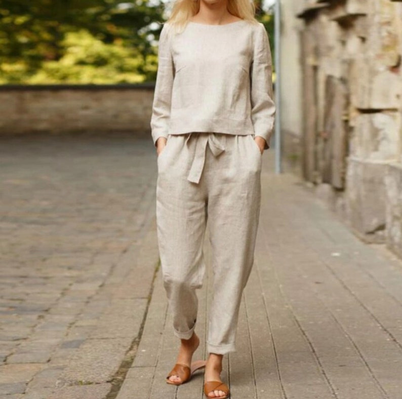 Linen Two Piece Sethigh Waist Trousers Linen Pants & Linen - Etsy