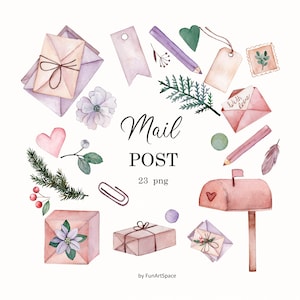 Postclipart voor e-mail. Brief, pakketten, postwagen, bloemen, envelop, geschenkdozen.