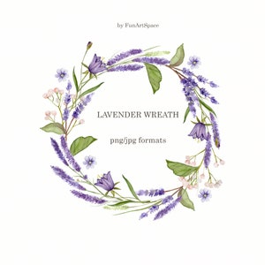 Lavender wreath. Watercolor wreath. Wildflowers clipart.