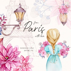 Acuarela Clipart París, estilo francés, Torre Eiffel, Clipart floral, linterna, Clipart vintage, ilustraciones románticas