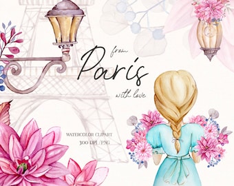 Watercolor Clipart Paris, french style, Eiffel tower,  Floral clipart,  lantern, vintage clipart, romantic illustrations