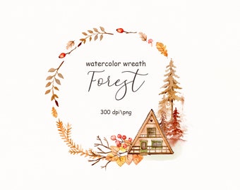 Watercolor autumn wreath in png,  Autumn clipart, forest wreath png